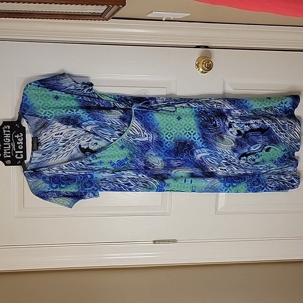 Elementz Dress Medium Blue Black Lime Green White Short Sleeve